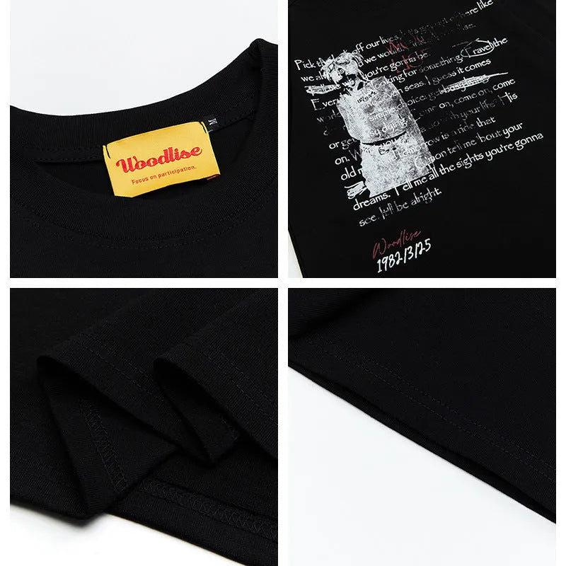 Men's black cotton T-shirt with white letter print and raglan sleeves in loose fit