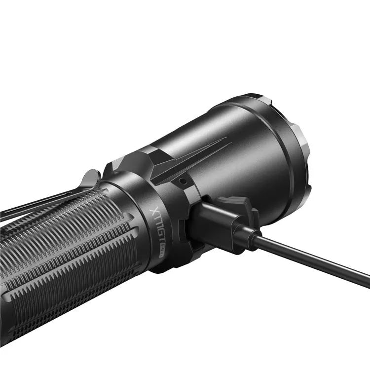 Black XT11GT PRO tactical flashlight with aluminium alloy body, 3100mAh battery, and accessories