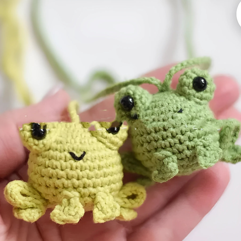 Handmade woven plush frog pendant for car interior in green colour