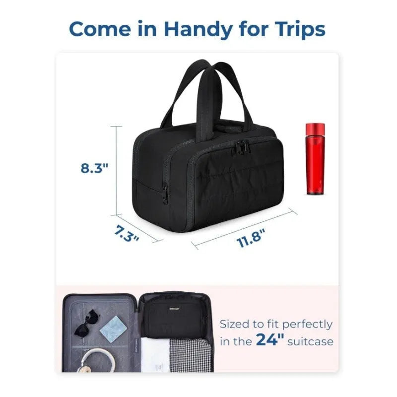 Large lightweight polyester travel toiletry bag in black, open to show spacious interior.