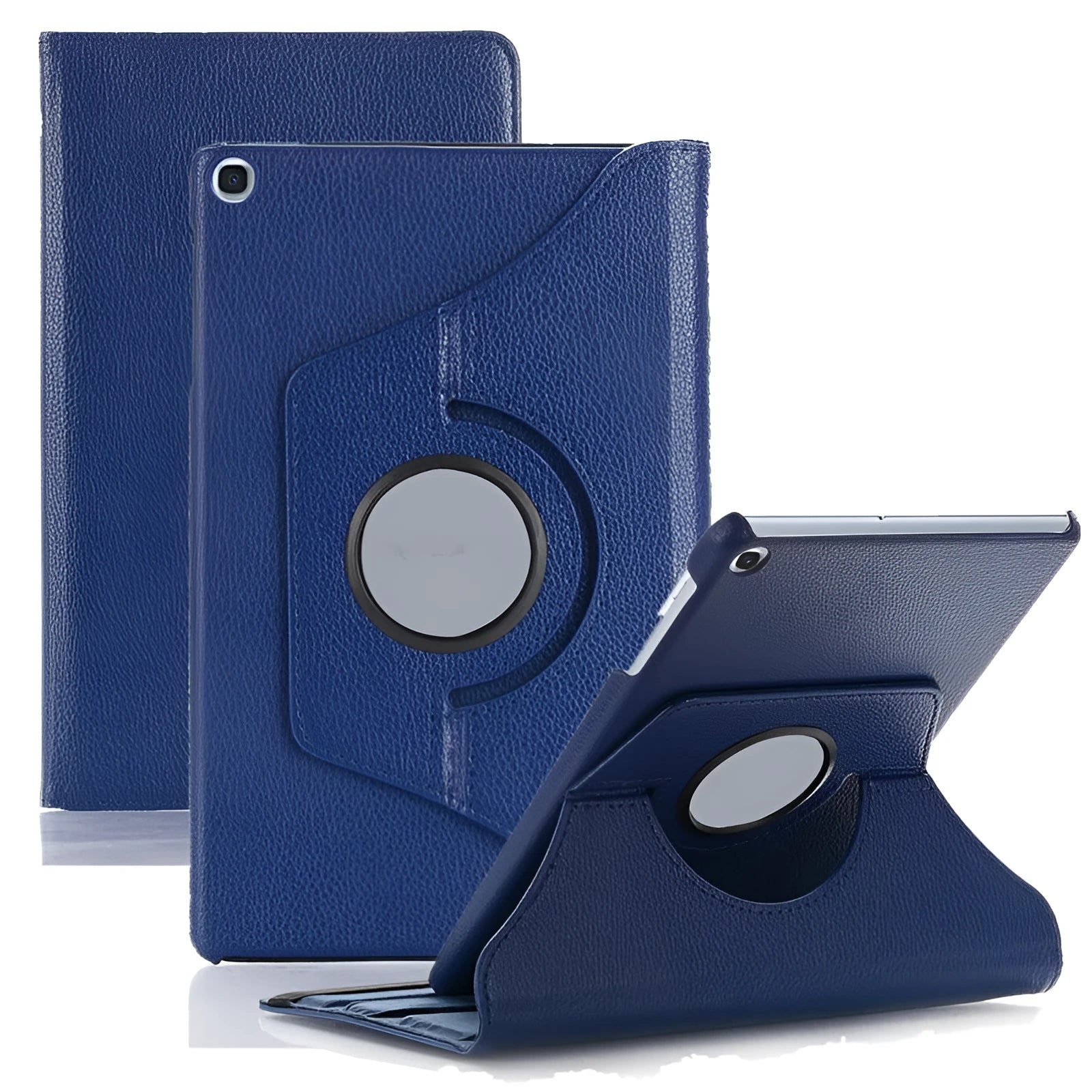 Rotating clamshell iPad protective sleeve in imitation leather, shown in rose red colour.