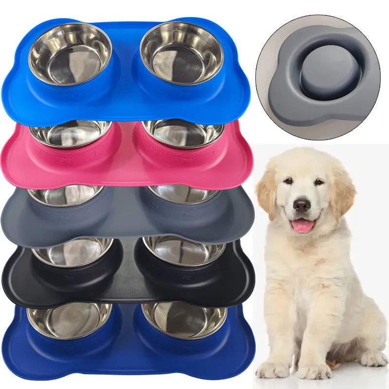 Large silicone dog bowl with stainless steel insert in blue, showing double-bowl design.