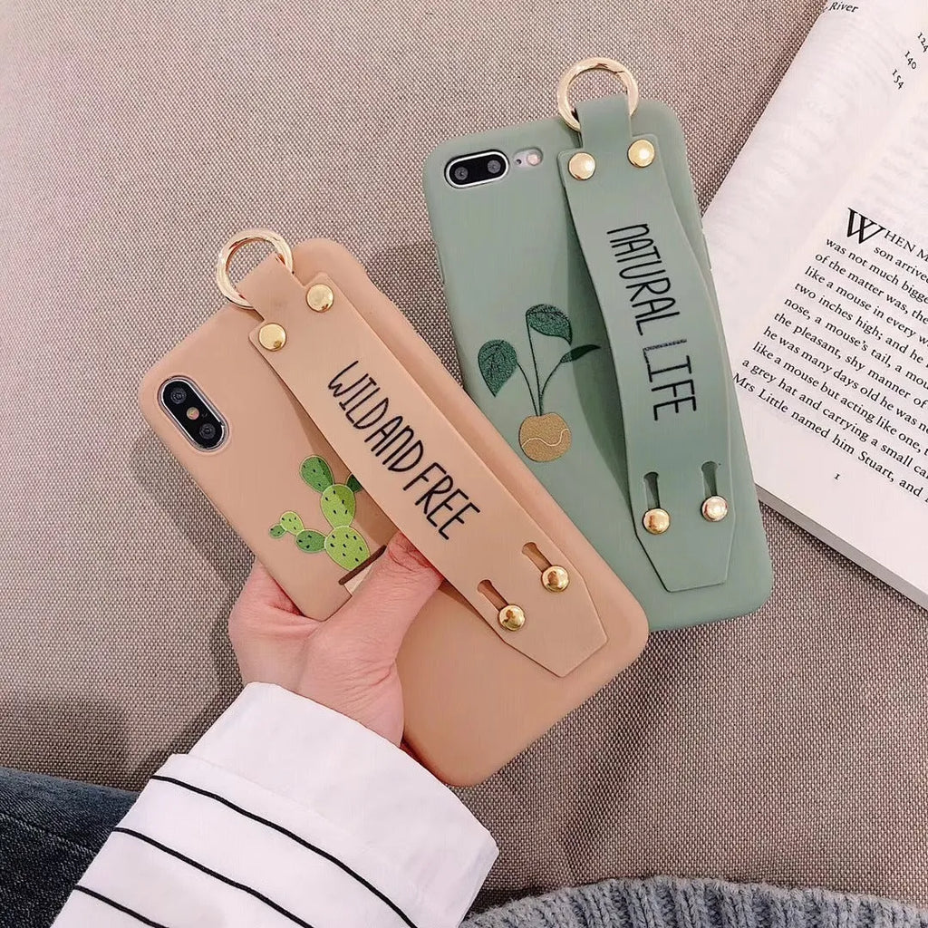 Green graffiti pattern wristband holder phone case for iPhone with integrated strap loop