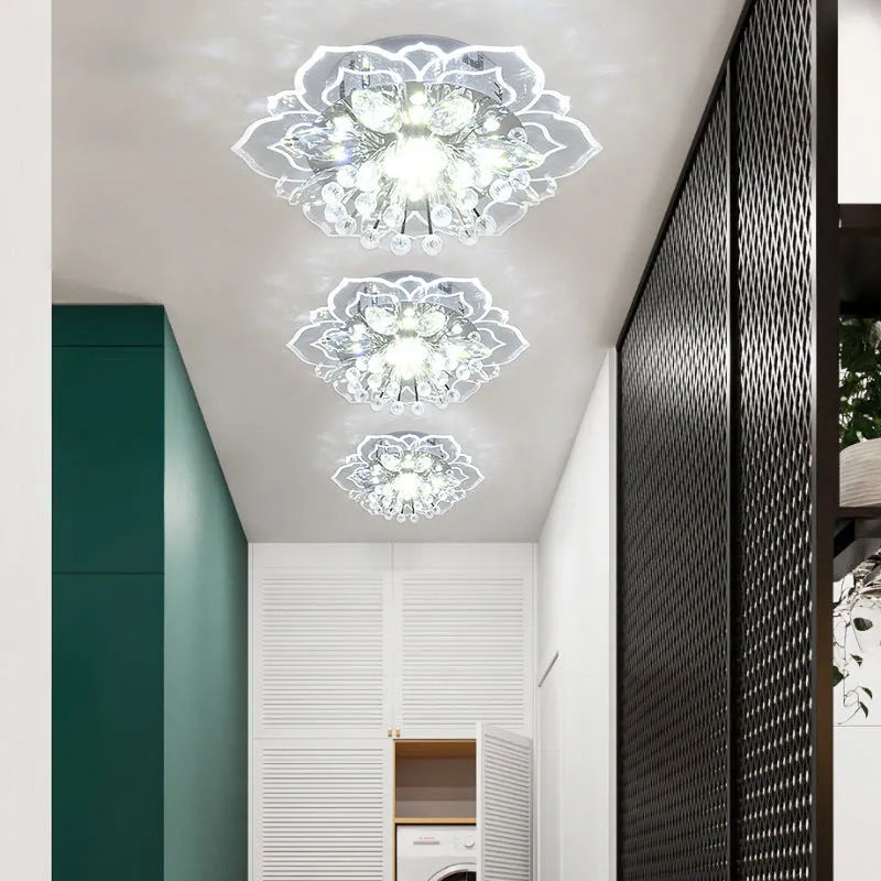 Modern minimalist crystal and acrylic ceiling lamp with stainless steel frame and flower-shaped shade design