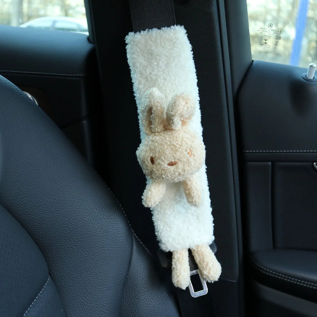 Cartoon plush car seatbelt shoulder protector in lamb wool with Rabbit and Bear designs