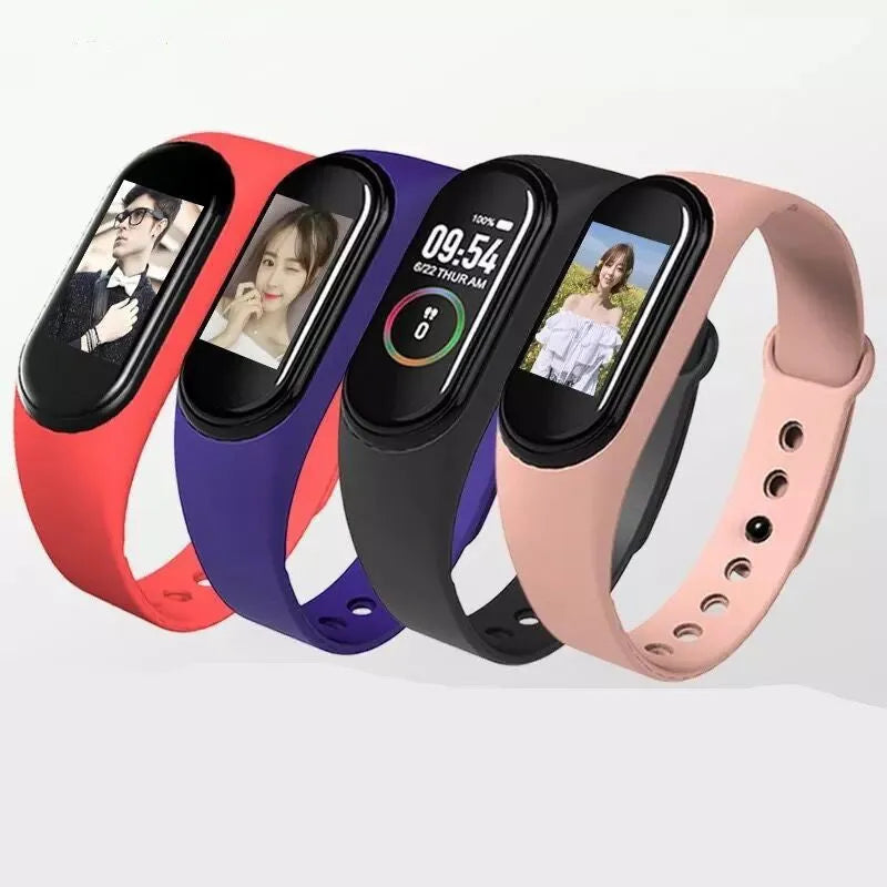 M4s smart bracelet touch fitness tracker with TPU wristband and plastic aluminium alloy body in Black, Blue, or Red
