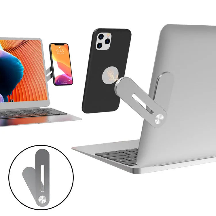 Silver folding laptop stand made from aluminium alloy and silicone for laptops, books and tablets under 16 inches