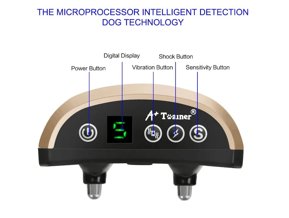 Black dog training collar with digital display and adjustable reflective strap on a grey background.