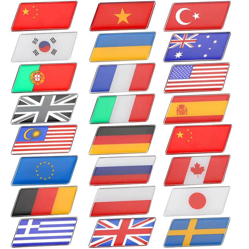 Aluminium national flag car sticker in a parallelogram shape measuring 6.3 by 3 centimetres.