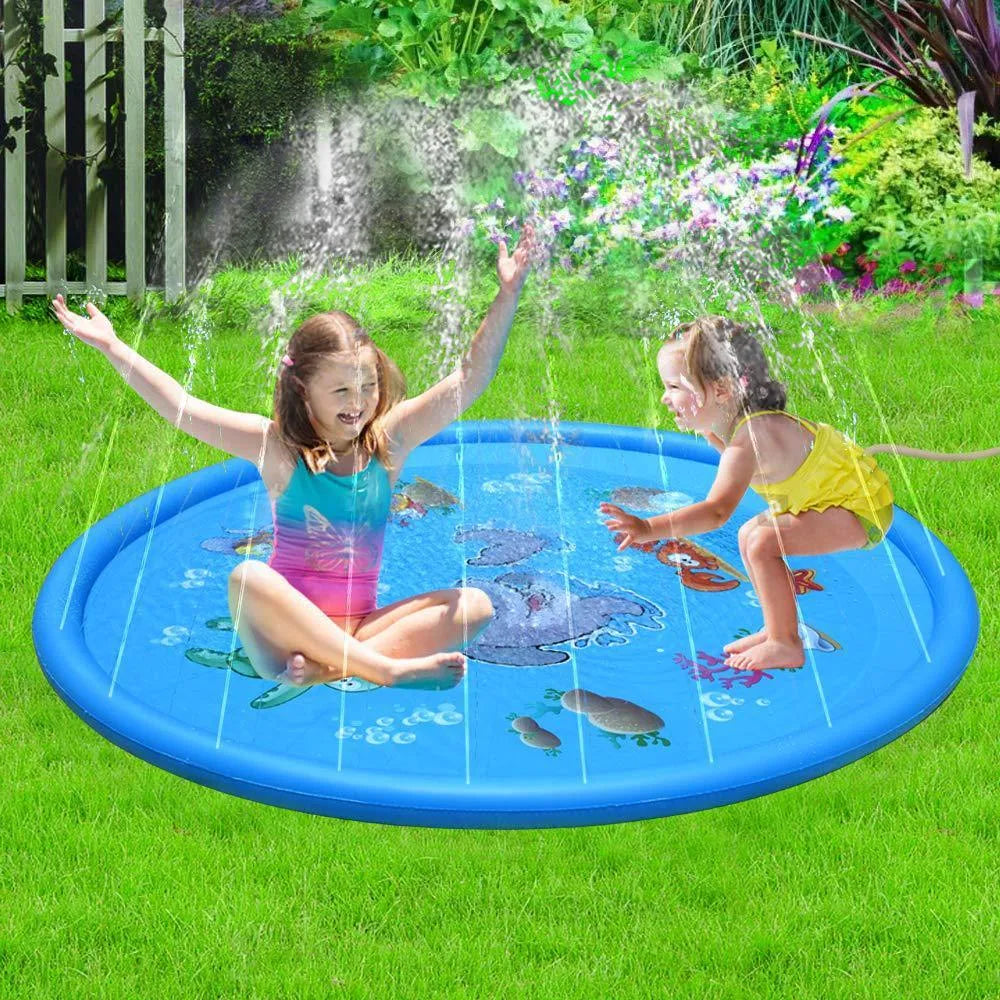 Blue PVC water spray play mat with marine animal designs for outdoor garden use
