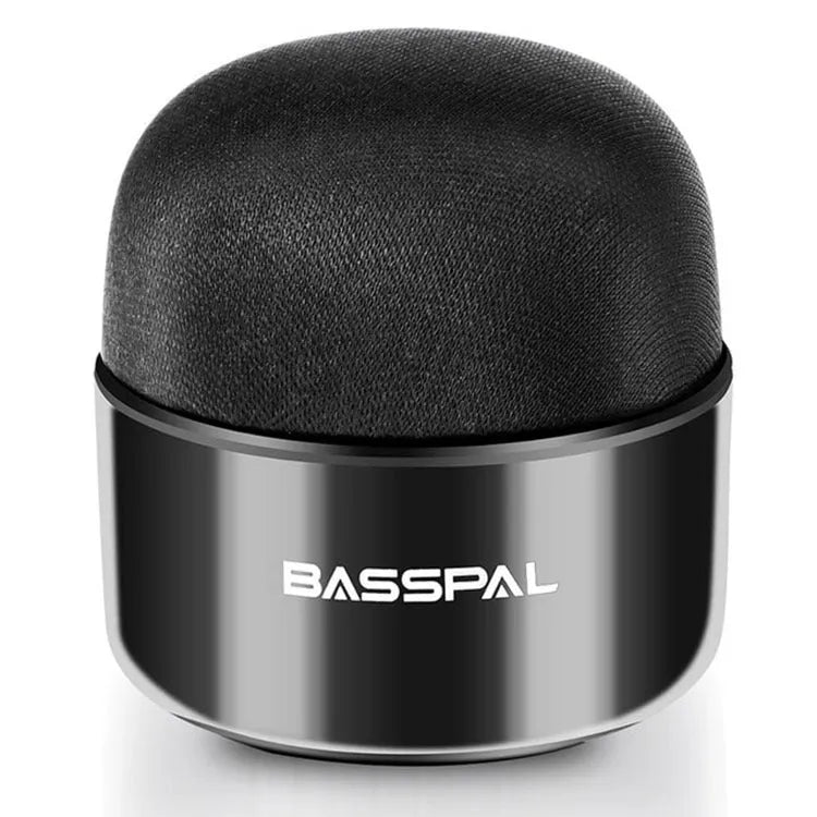 Black portable mini Bluetooth speaker with buttons, shown next to a mobile phone indicating wireless connectivity.