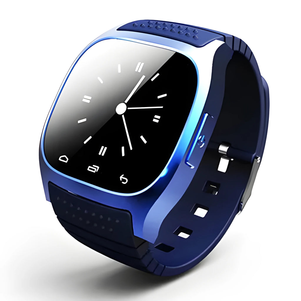 Black smart Bluetooth sports watch on a wrist, compatible with iPhone and Android phones.