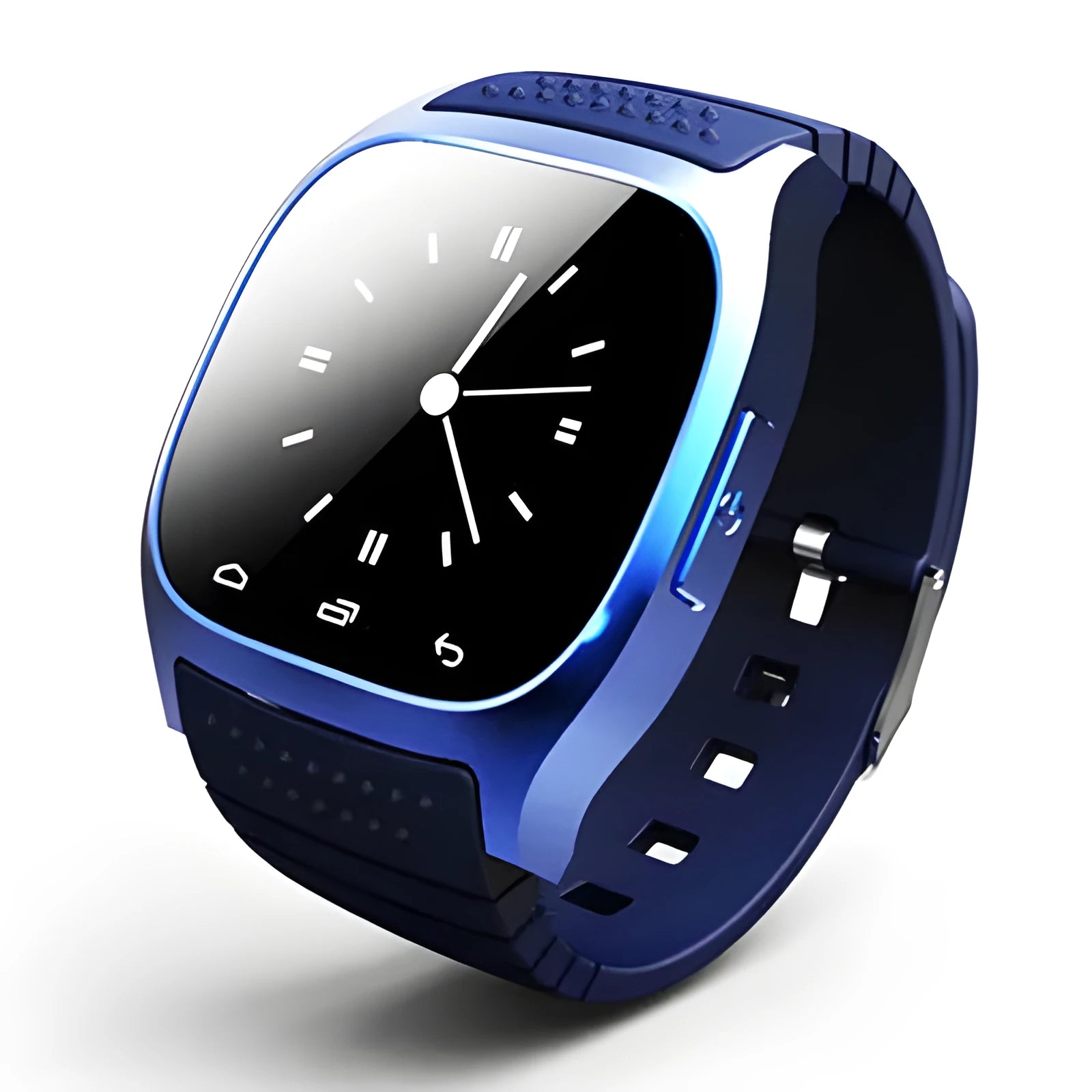 Black smart Bluetooth sports watch on a wrist, compatible with iPhone and Android phones.