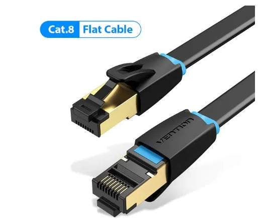 CAT8 shielded flat and round ethernet network cables with RJ45 connectors in various lengths