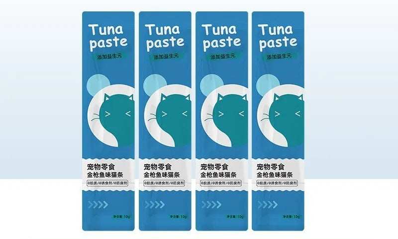 Pack of 10 low-fat cat snack strips in four flavour varieties for kittens.