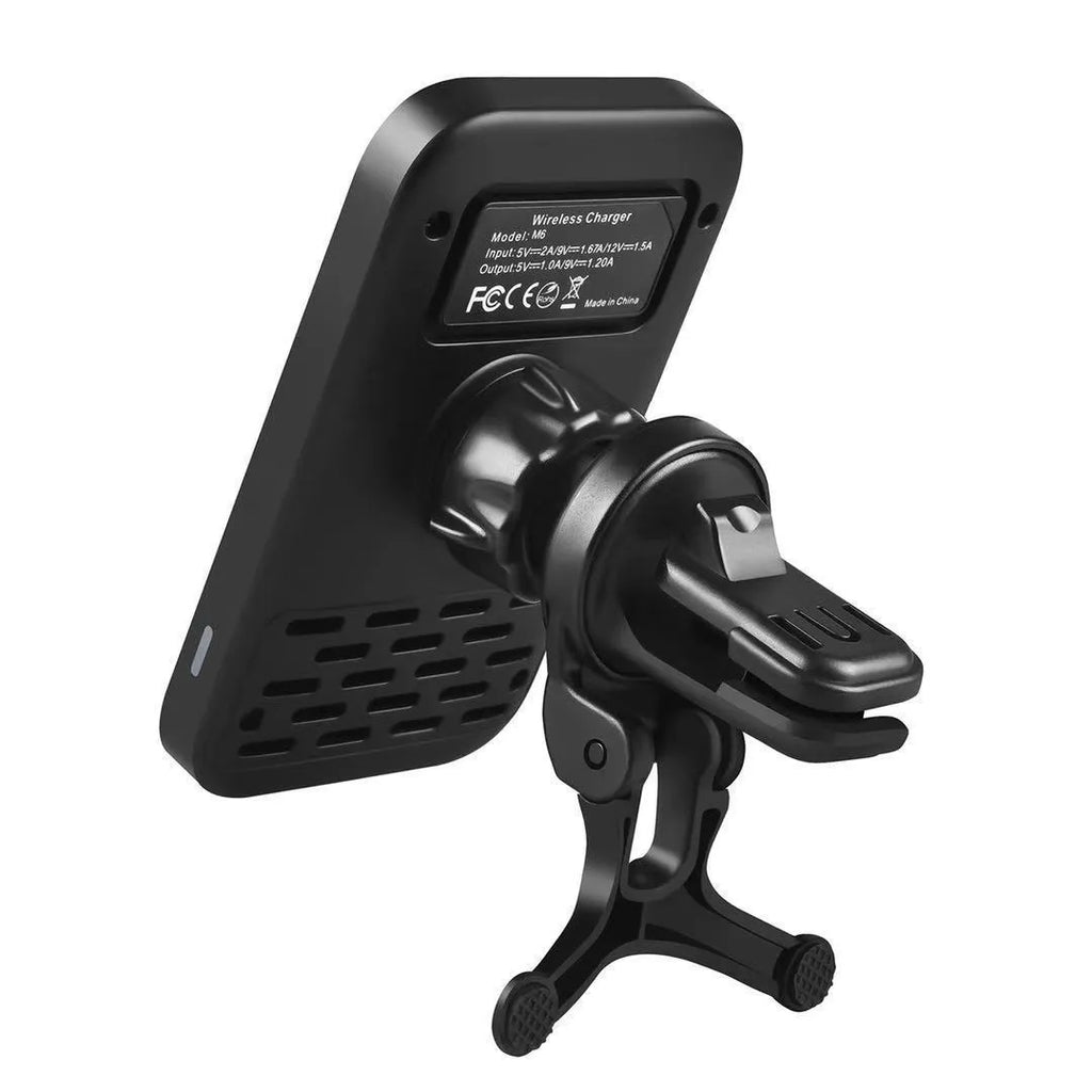 Black M6 magnetic wireless car charger bracket mounted in vehicle with phone attached