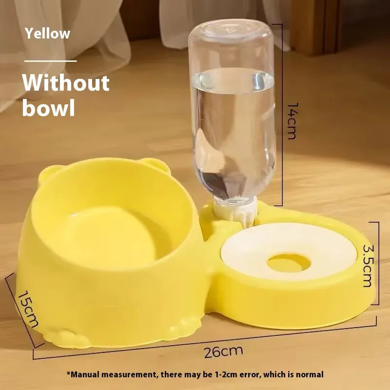 Double bowl automatic pet drinking basin with stainless steel bowls in plastic frame for cats