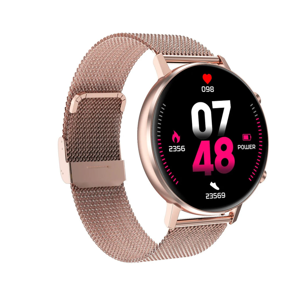 DT96 smart activity tracker bracelet with colour display on a stainless steel strap.