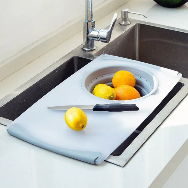 Grey 3 in 1 chopping board with detachable drain basket, 50cm x 28.5cm, PP and TPR, 1cm thick