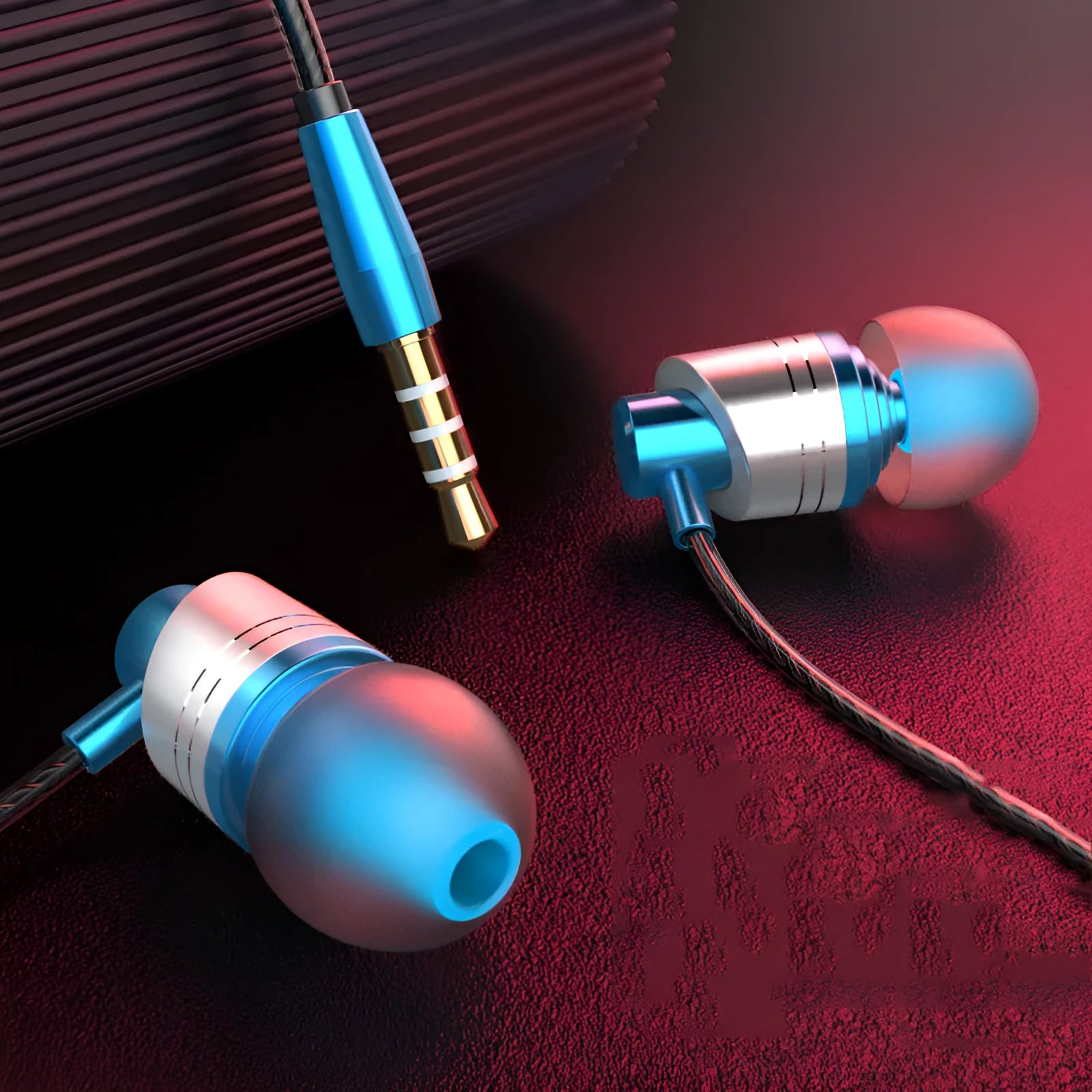 Wired in-ear headphones with microphone, 3.5mm jack, and choice of black, blue, or red colour.
