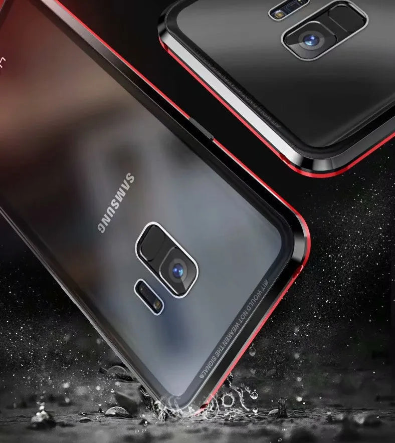 Black anti-peeping magnetic phone case for Samsung Galaxy showing clamshell design and privacy screen