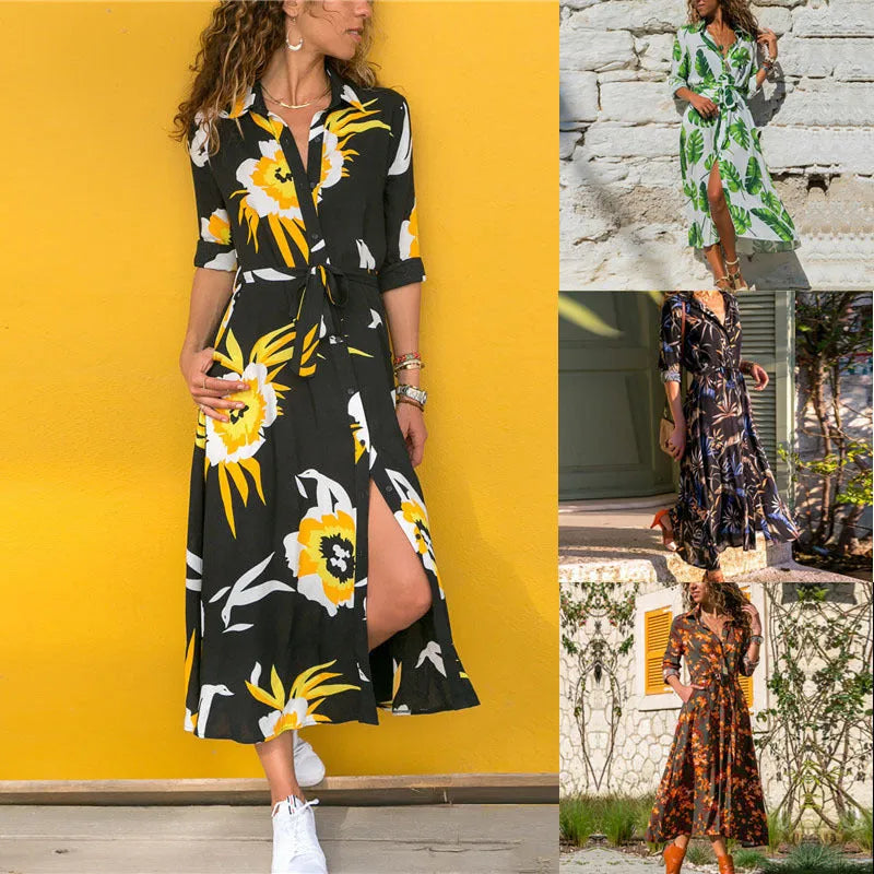 V-neck chiffon dress with printed pattern and A-line skirt on a hanger.