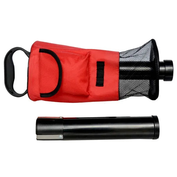 Red detachable golf ball retriever with nylon zipper storage bag and plastic handle, holds about 60 balls