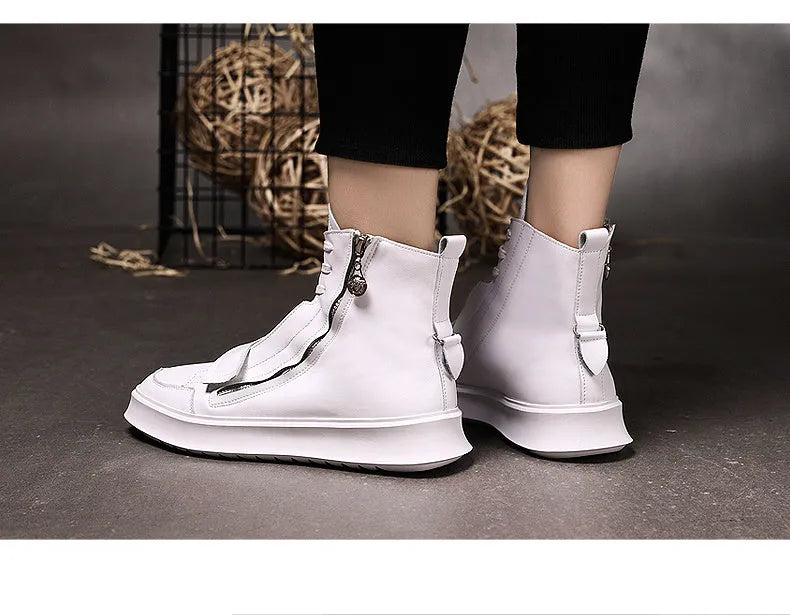 Men's black and white PU leather winter ankle boots with high-top sneaker styling showing size range 38-43