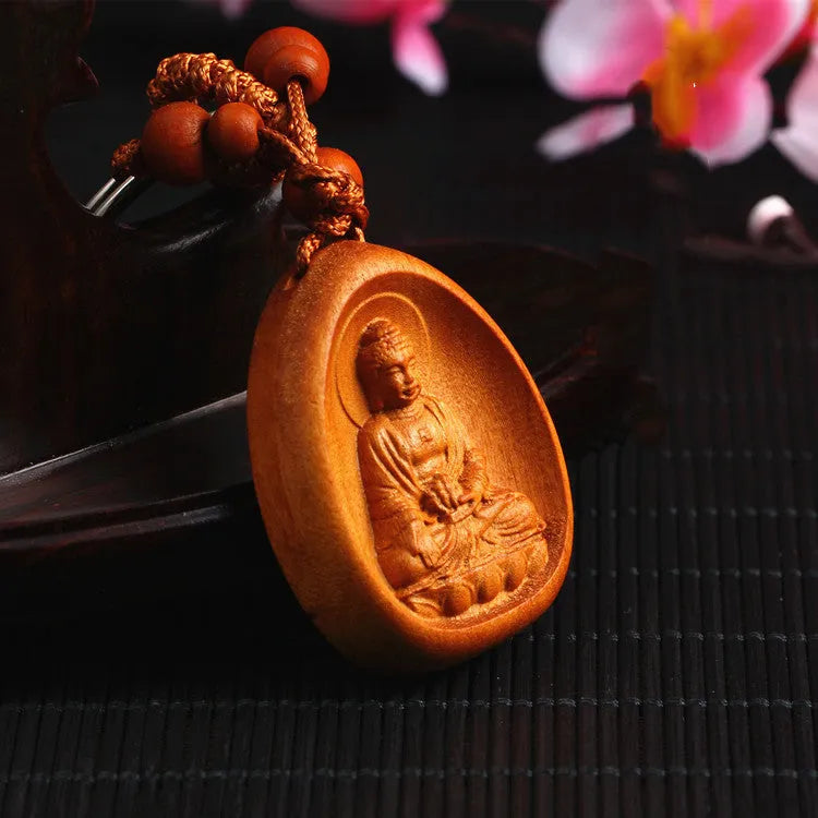Eight patron saint keychains in peach wood colour, each 10 x 3.2 x 4 cm, Taomu Buddhist keychain set