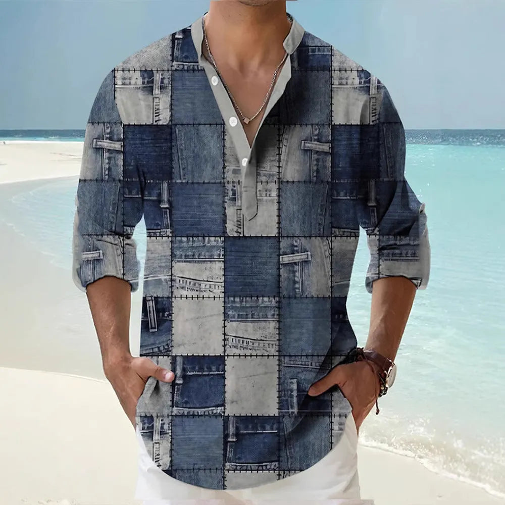 Man wearing a thin striped long sleeve casual shirt in cardigan style.