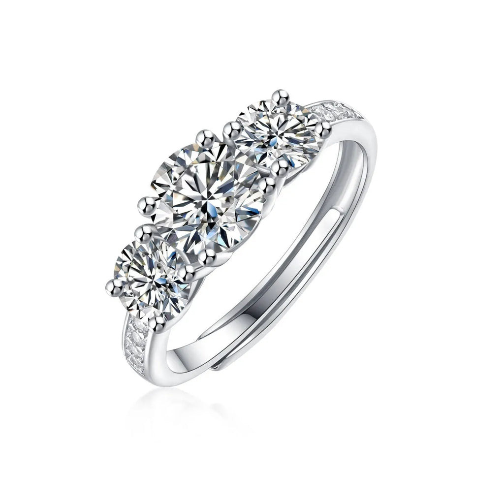 Adjustable open silver ring with 1 karat round moissanite, geometric unisex design