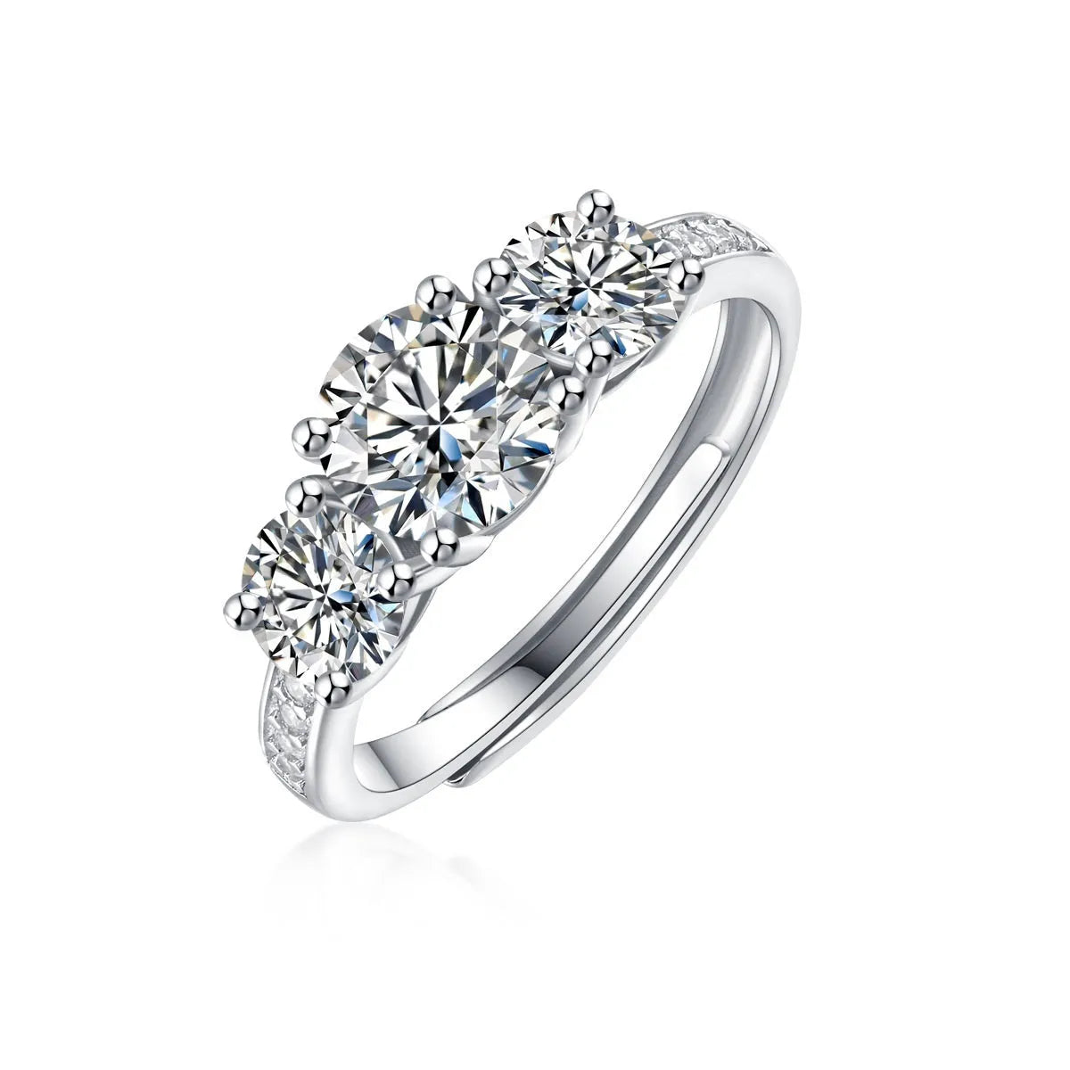 Adjustable open silver ring with 1 karat round moissanite, geometric unisex design