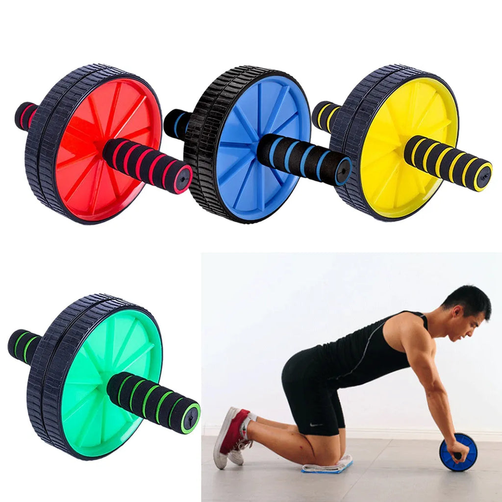 Double wheel abdominal wheel in engineering plastic, 18 x 24 x 80cm, shown in blue, green, red and yellow