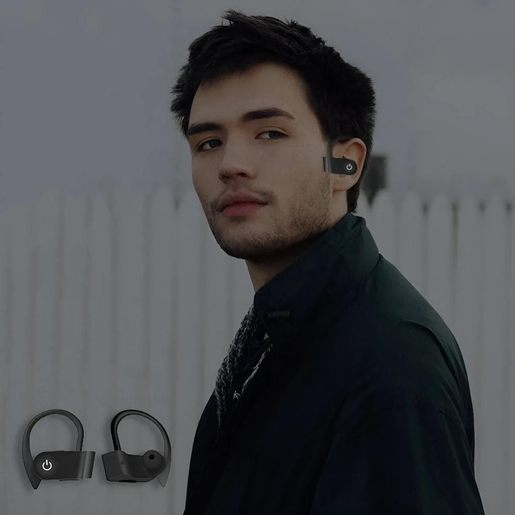 Black wireless Bluetooth earphones with ergonomic in-ear design showing buttons and LED indicator