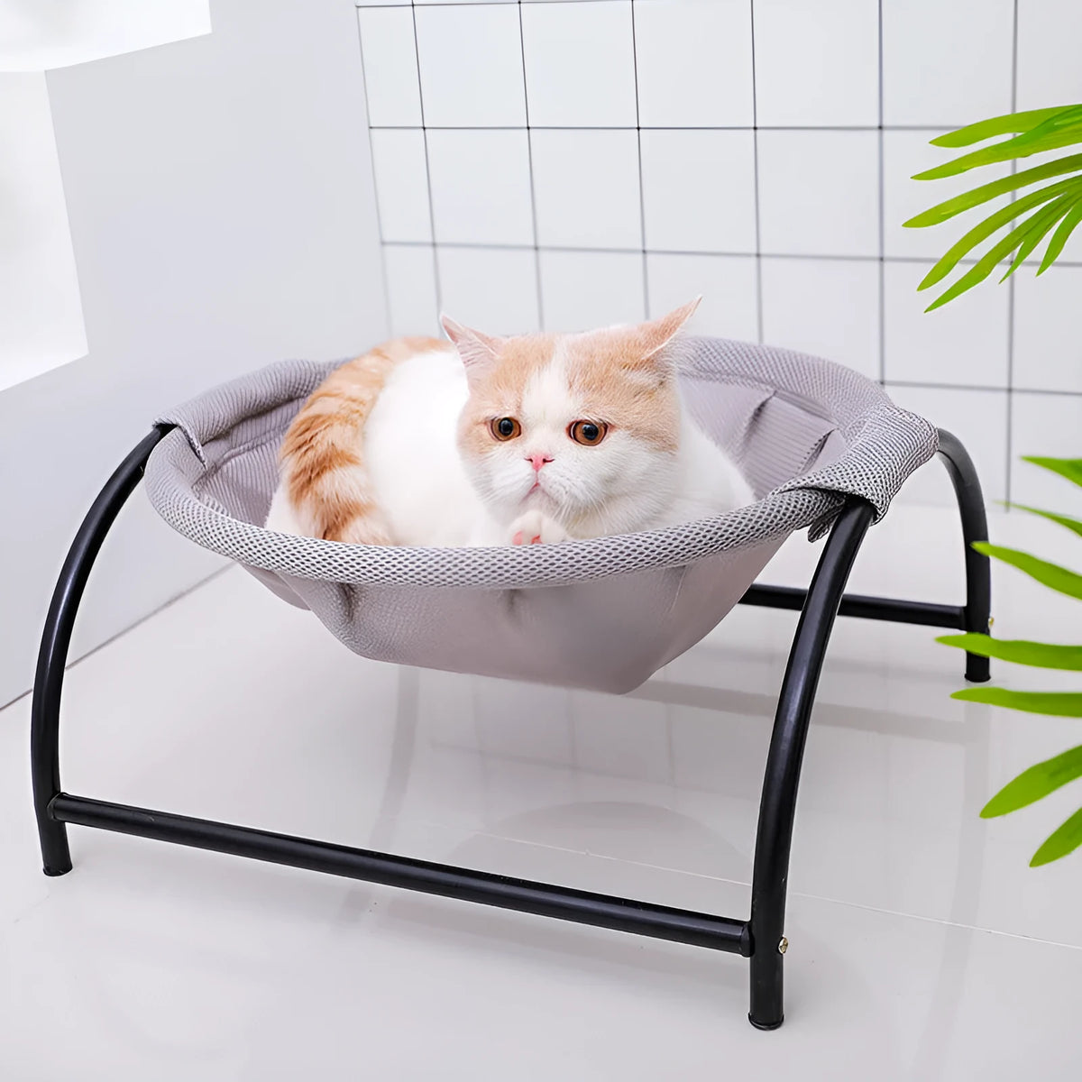 Pet camping bed with breathable pink or grey hammock surface, thick steel pipe frame, 43x43x24cm