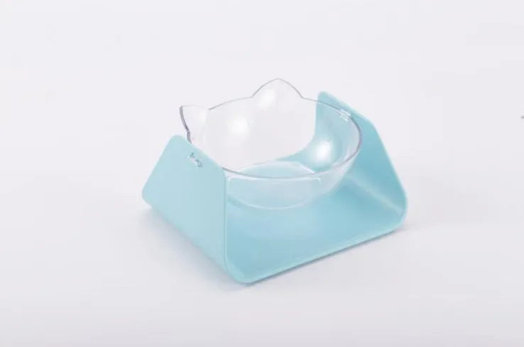 Protective cervical cat bowl in plastic with raised bevel design, shown in blue, pink, black, white, or yellow format.