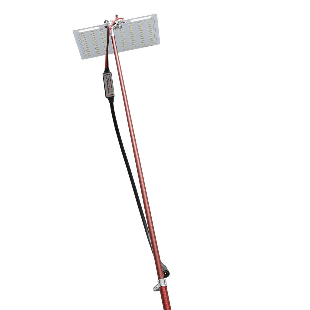White LED fishing rod light with telescopic pole extended to 5 metres showing remote control