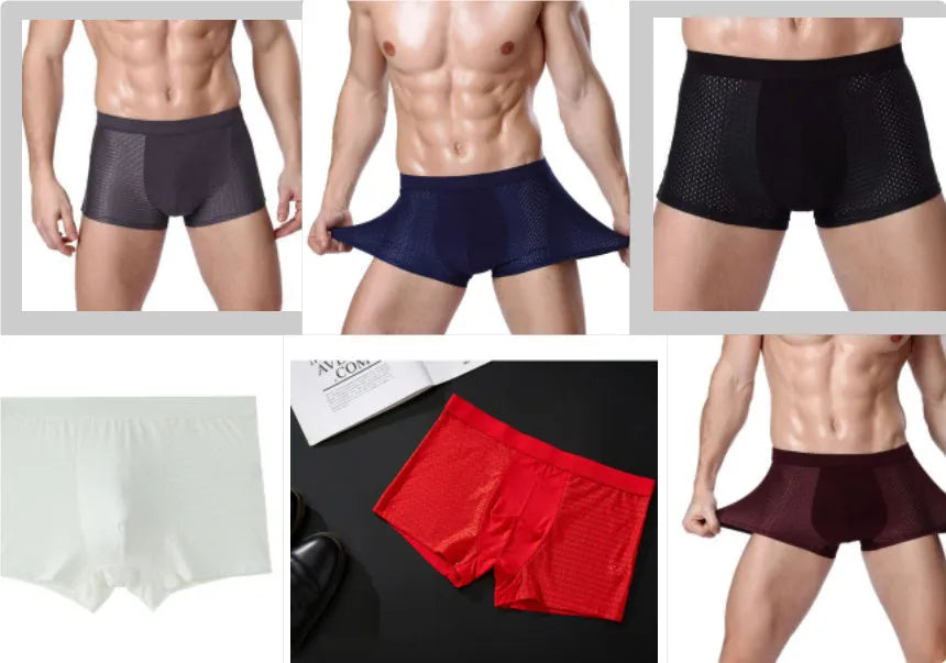 Men's solid colour ice silk modal boxer briefs with U convex design on a white background.