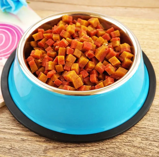 Dual-use stainless steel pet bowl with colourful melamine exterior and non-slip rubber base