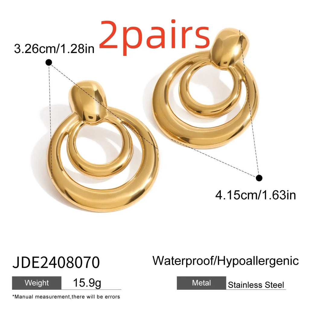 Golden round geometric stud earrings with double layer hollow design on titanium steel