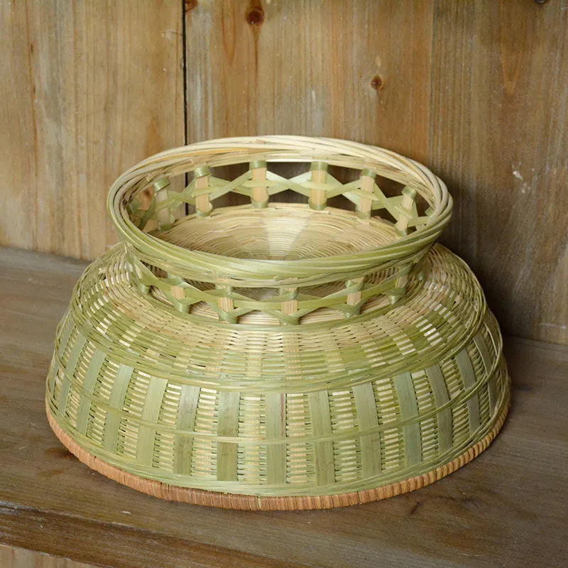 Handmade bamboo storage basket in three sizes: 24x12cm, 25x9cm, and 26x8cm