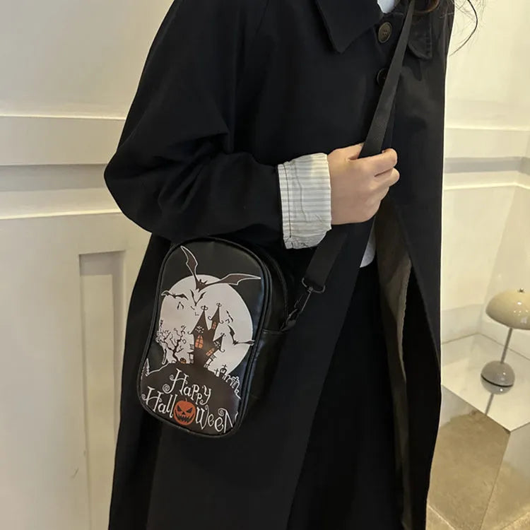 Halloween graffiti print crossbody bag with cartoon pumpkin, ghost and bat designs