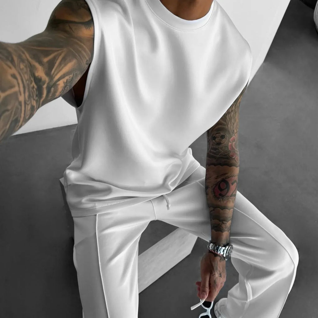 Men's polyester trousers and vest suit set in eight colours, sizes S to XXL, simple summer style