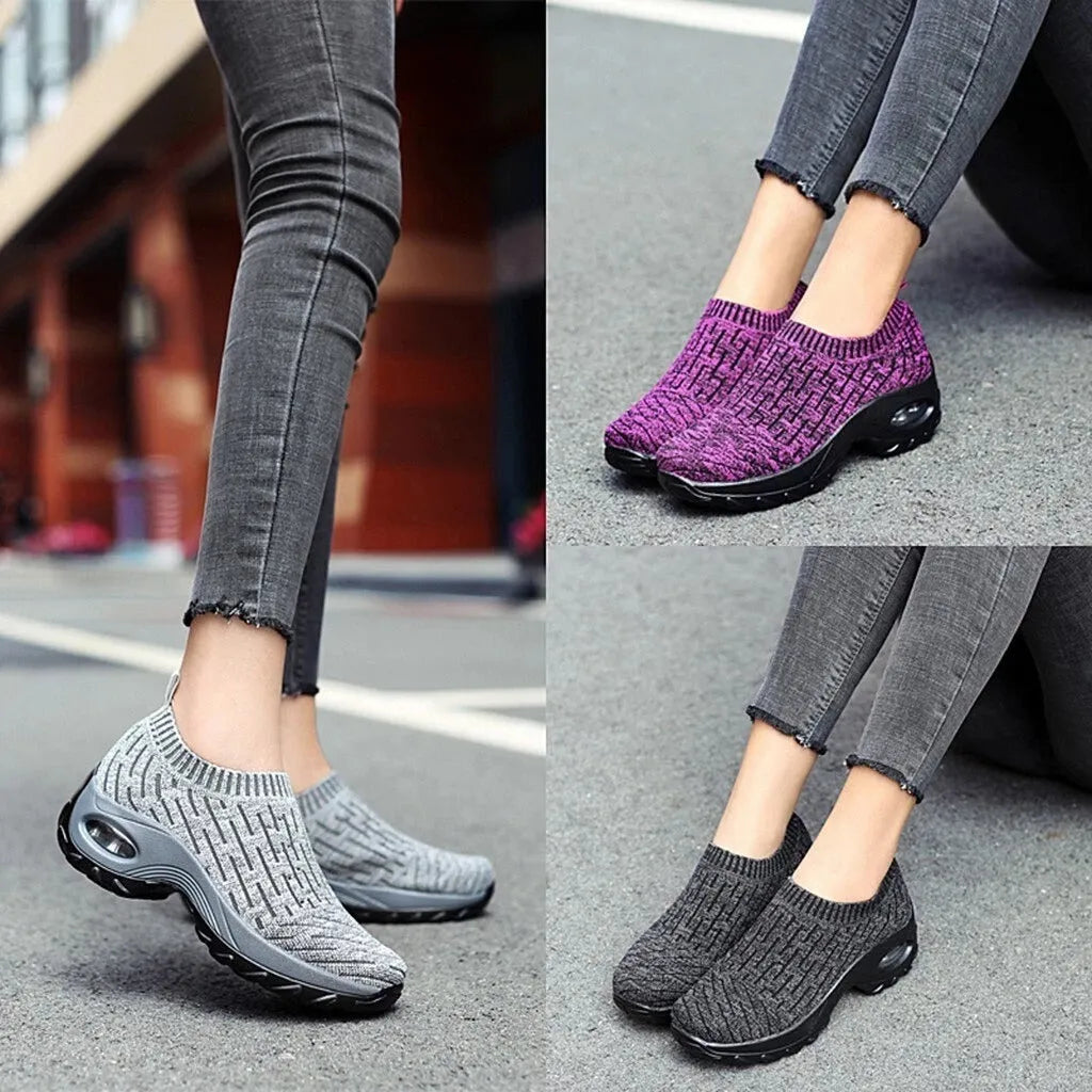 Air cushion slip-on trainers for women, mesh upper, honeycomb insole, non-slip PU sole, black purple grey navy, sizes 35-42