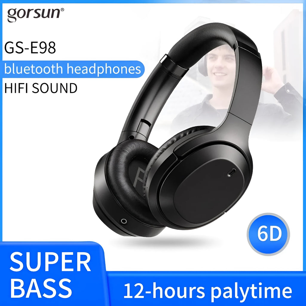 Black Gorsun E98 wireless over-ear Bluetooth headphones with padded headband and large ear cushions.