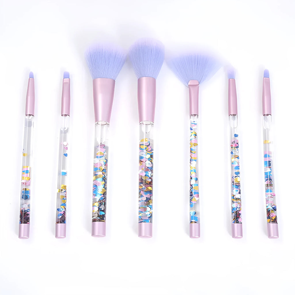 Seven-piece makeup brush set with rayon bristles, PU heads and 20cm long plastic handles in pink, blue and rose red