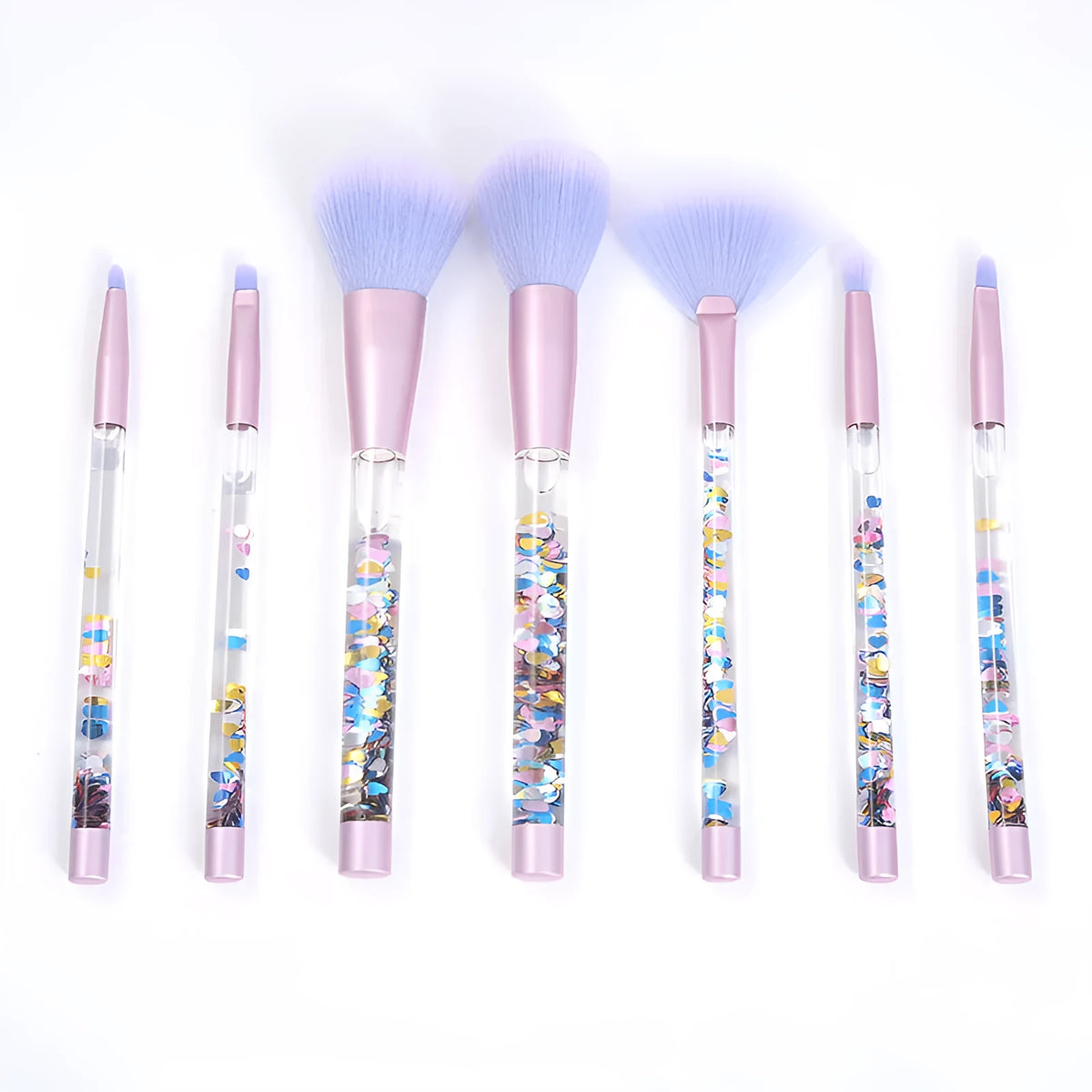 Seven-piece makeup brush set with rayon bristles, PU heads and 20cm long plastic handles in pink, blue and rose red