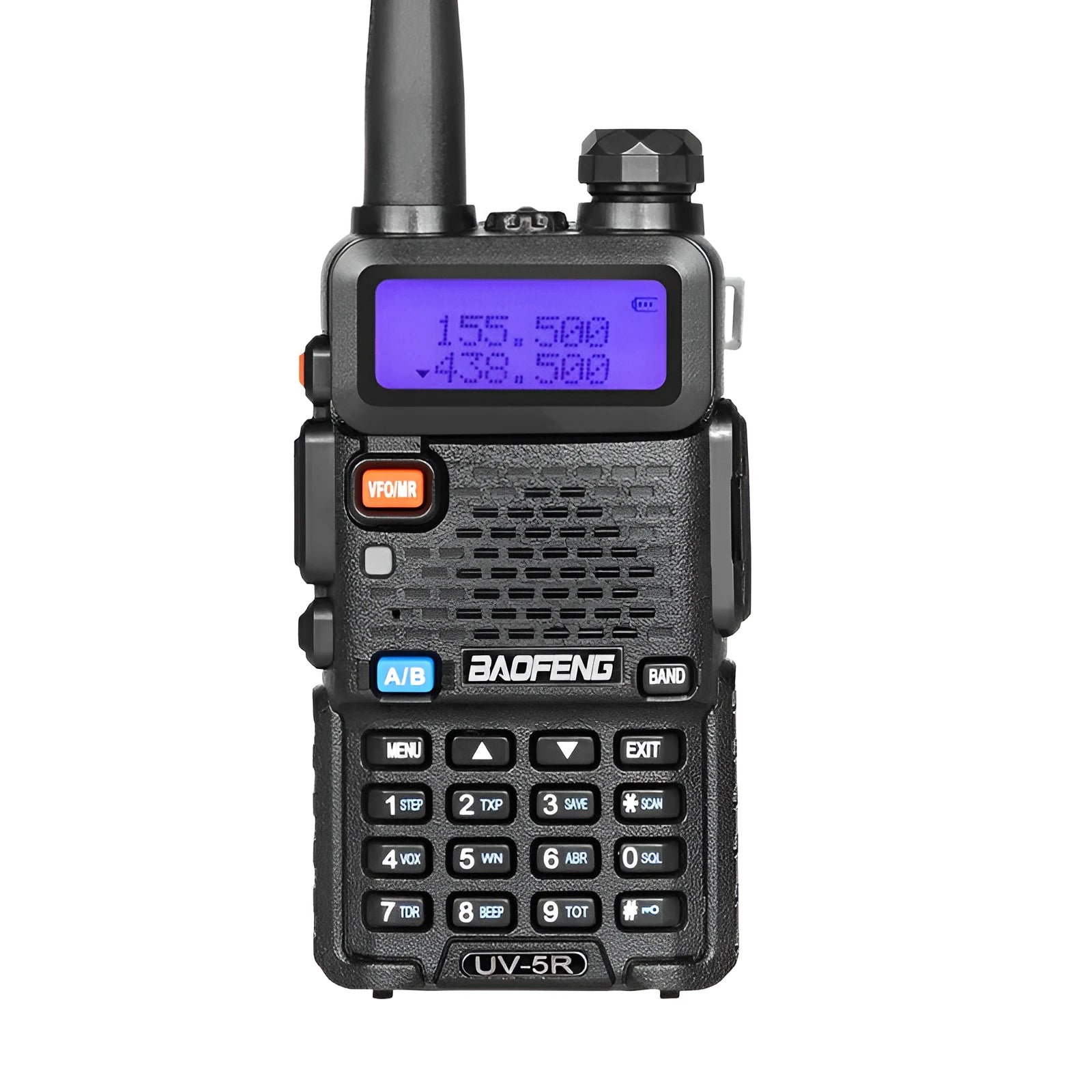 Professional dual-band walkie talkie showing VHF UHF frequency ranges and 128-channel display