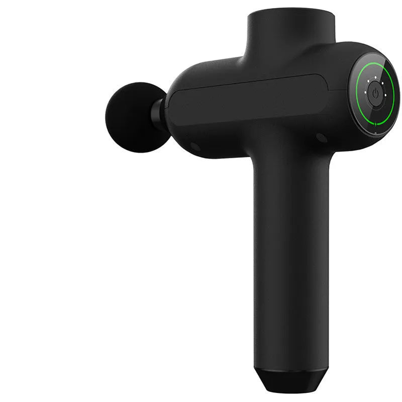 Black rechargeable muscle massager with six massage heads showing gear settings and dimensions