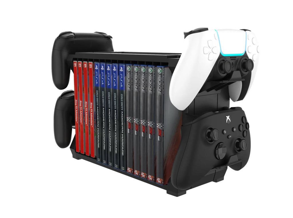 Black ABS PS5 disc holder storing game cases and four controllers for multiple consoles.